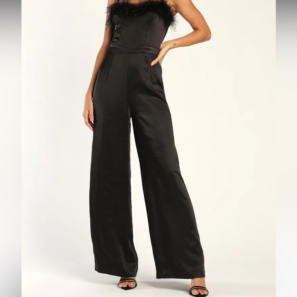 ZARA Satin Black Feather Corset Sheer Back Strapless Jumpsuit SZ Small Like New
